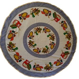 Vintage Table Cloth Crocheted Edge Blue Gingham Assorted Foods Condiments
